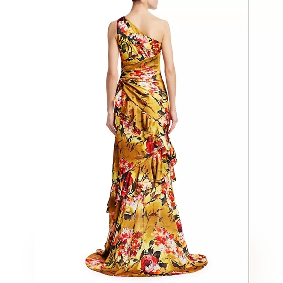 THEIA floral raffles sleeveless One shoulder bridal party gown yellow $795 - Picture 3 of 7